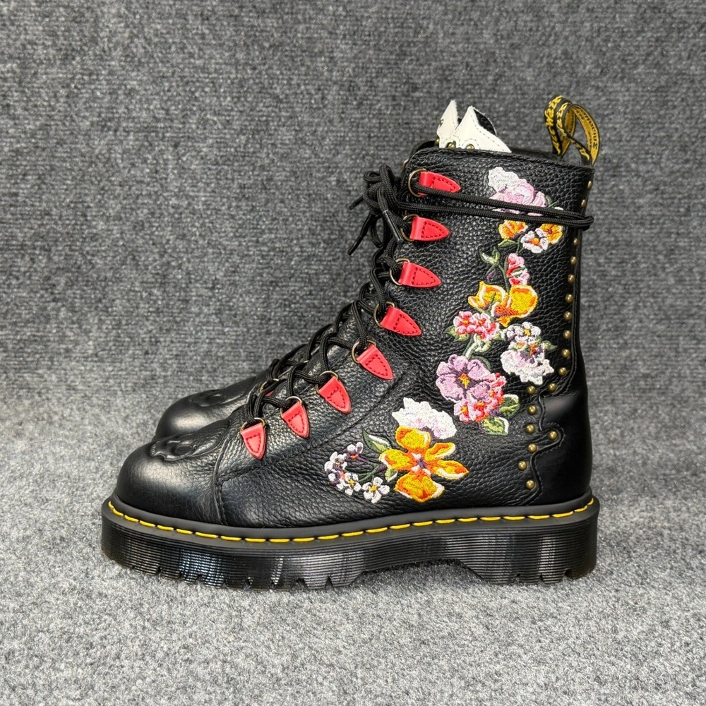 Dr. Martens Nyberg Boots Women's 8 Black Leather Grunge Floral Embroidery Combat - Picture 5 of 15